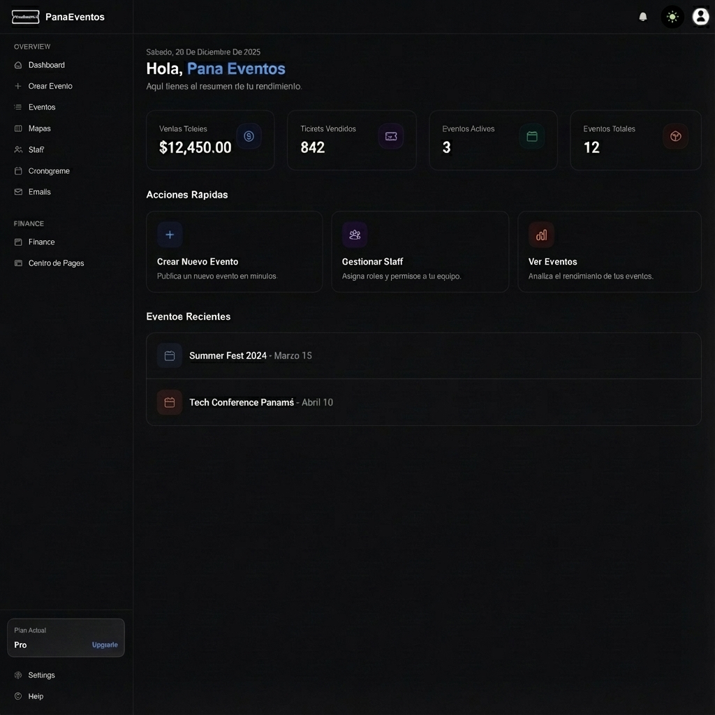 PanaEventos Dashboard Mockup